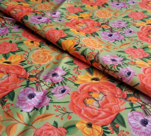 Nouveau - Popeline oeko-tex imprimé en France - Motif - Lisière d'Automne - Fond Vert Pastel avec Rouge-Gorge – Image 3