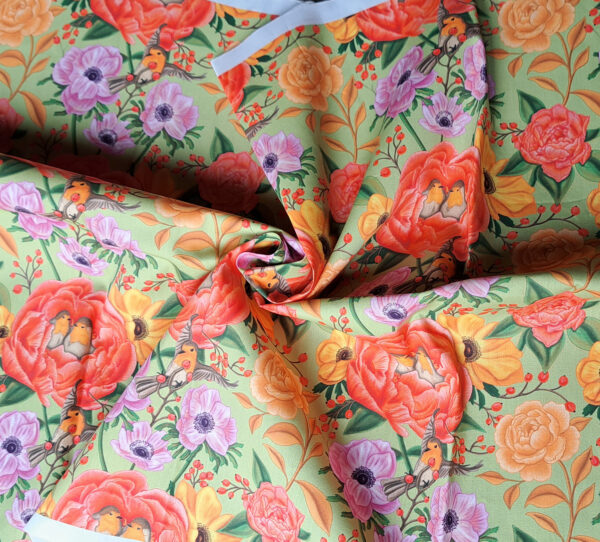 Nouveau - Popeline oeko-tex imprimé en France - Motif - Lisière d'Automne - Fond Vert Pastel avec Rouge-Gorge – Image 4