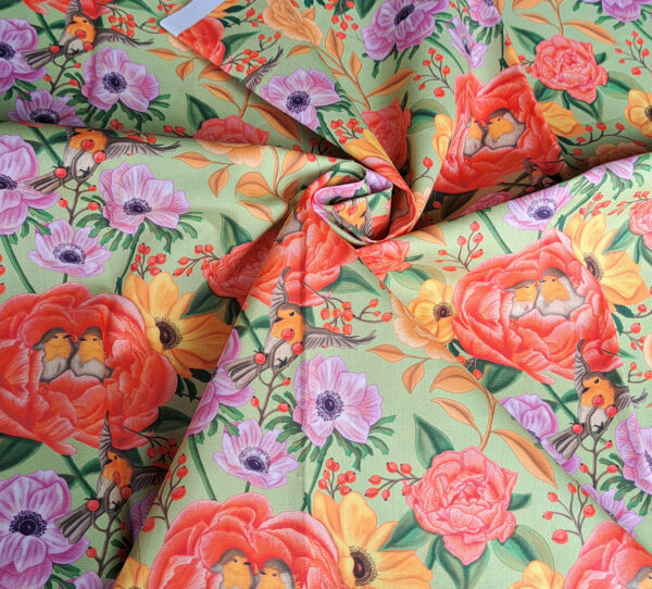 Nouveau - Popeline oeko-tex imprimé en France - Motif - Lisière d'Automne - Fond Vert Pastel avec Rouge-Gorge – Image 5