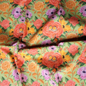 Nouveau – Popeline oeko-tex imprimé en France – Motif – Lisière d’Automne – Fond Vert Pastel avec Rouge-Gorge