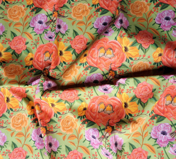 Nouveau - Popeline oeko-tex imprimé en France - Motif - Lisière d'Automne - Fond Vert Pastel avec Rouge-Gorge
