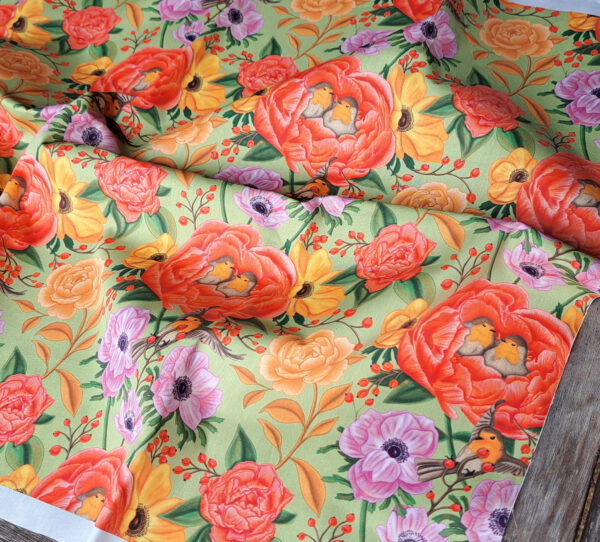 Nouveau - Popeline oeko-tex imprimé en France - Motif - Lisière d'Automne - Fond Vert Pastel avec Rouge-Gorge – Image 6