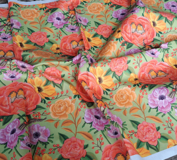 Nouveau - Popeline oeko-tex imprimé en France - Motif - Lisière d'Automne - Fond Vert Pastel avec Rouge-Gorge – Image 7
