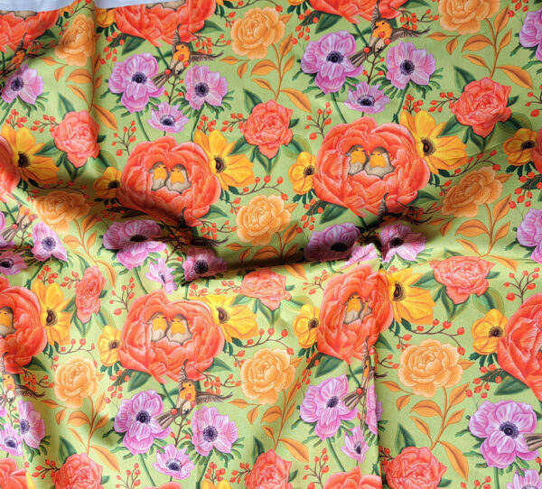 Nouveau - Popeline oeko-tex imprimé en France - Motif - Lisière d'Automne - Fond Vert Pastel avec Rouge-Gorge – Image 8