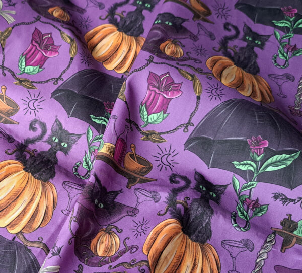 Nouveau - Popeline oeko-tex imprimé en France - Motif - Sortilèges - Fond Mauve – Image 8