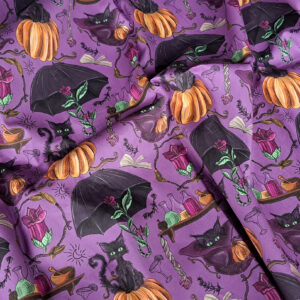Nouveau – Popeline oeko-tex imprimé en France – Motif – Sortilèges – Fond Mauve