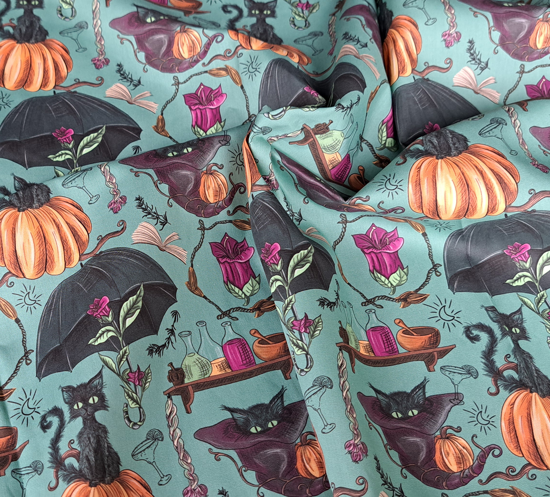 Nouveau – Popeline oeko-tex imprimé en France – Motif – Lisière d’Automne – Fond Kaki SANS Rouge-Gorge