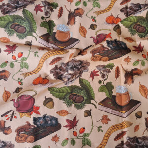 Nouveau – Popeline oeko-tex imprimé en France – Motif – Au coin du feu – Fond Ecru – Taille M