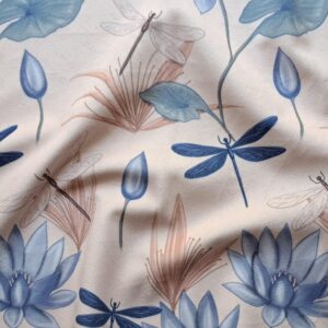 Velours oeko-tex imprimé en France – Motif Egypte Libellules- Eclat du Nil – Fond Sable