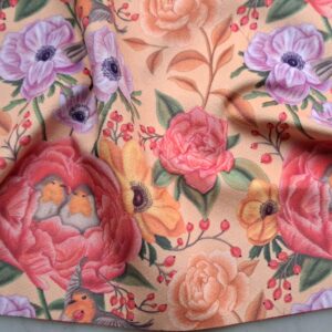 Velours oeko-tex imprimé en France – Motif – Lisière d’Automne – Fond Orange Pastel avec Rouge-Gorge