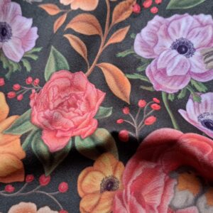 Velours oeko-tex imprimé en France – Motif – Lisière d’Automne – Fond Kaki avec Rouge-Gorge