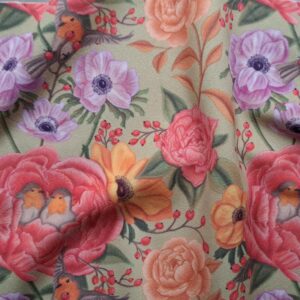 Velours oeko-tex imprimé en France – Motif – Lisière d’Automne – Fond Vert Pastel avec Rouge-Gorge