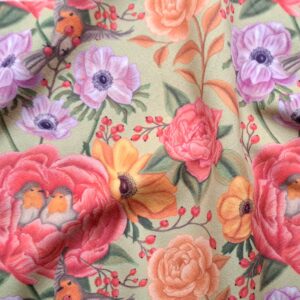 Velours oeko-tex imprimé en France – Motif – Lisière d’Automne – Fond Vert Pastel avec Rouge-Gorge