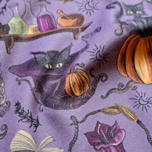 Velours oeko-tex imprimé en France – Motif – Sortilèges – Fond Mauve