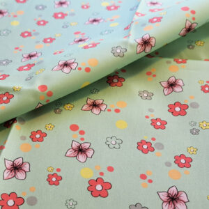 Nouveau – Popeline bio oeko-tex imprimé en France – Motif Fleurs de Pêcher- Fond Vert d&rsquo;eau