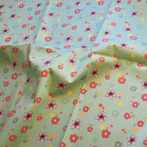 Nouveau – Popeline bio oeko-tex imprimé en France – Motif Fleurs de Pêcher- Fond Vert d&rsquo;eau