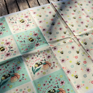 Nouveau – Popeline bio oeko-tex imprimée en France – Motif Panneau créatif LES BOURDONS POÉTIQUES — fond écru