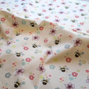 Nouveau – Popeline bio oeko-tex imprimé en France – Motif Les mini bourdons- Fond Ecru