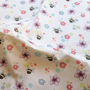 Nouveau – Popeline bio oeko-tex imprimé en France – Motif Les mini bourdons- Fond Ecru