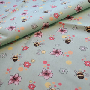 Nouveau – Popeline bio oeko-tex imprimé en France – Motif Les mini bourdons- Fond Vert d&rsquo;eau