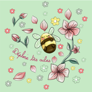 Nouveau – Coupon illustré 12 x 12 cm – Popeline gots et oeko-tex imprimé en France – DÉPLOIE TES AILES — fond vert d&rsquo;eau