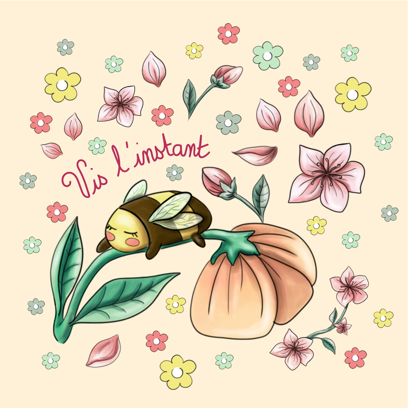 Nouveau – Popeline bio oeko-tex imprimé en France – Motif Le Bourdon Enchanté- Fond Prune