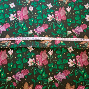 Nouveau – Popeline gots et oeko-tex imprimé en France – Motif Le Jardin des Fées – Fond Vert foncé