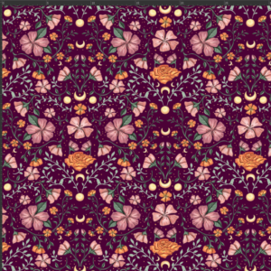 Nouveau – Popeline — Le Bourdon enchanté (version florale) fond prune | Motif intense et mystique