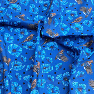 Nouveau – Popeline — Promesse du Geai- Fond Bleu | Motif estival et lumineux
