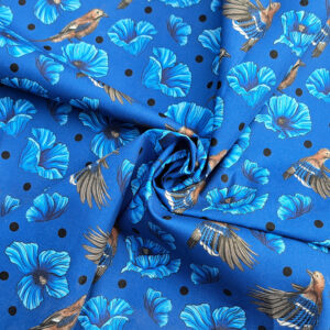 Nouveau – Popeline — Promesse du Geai- Fond Bleu | Motif estival et lumineux